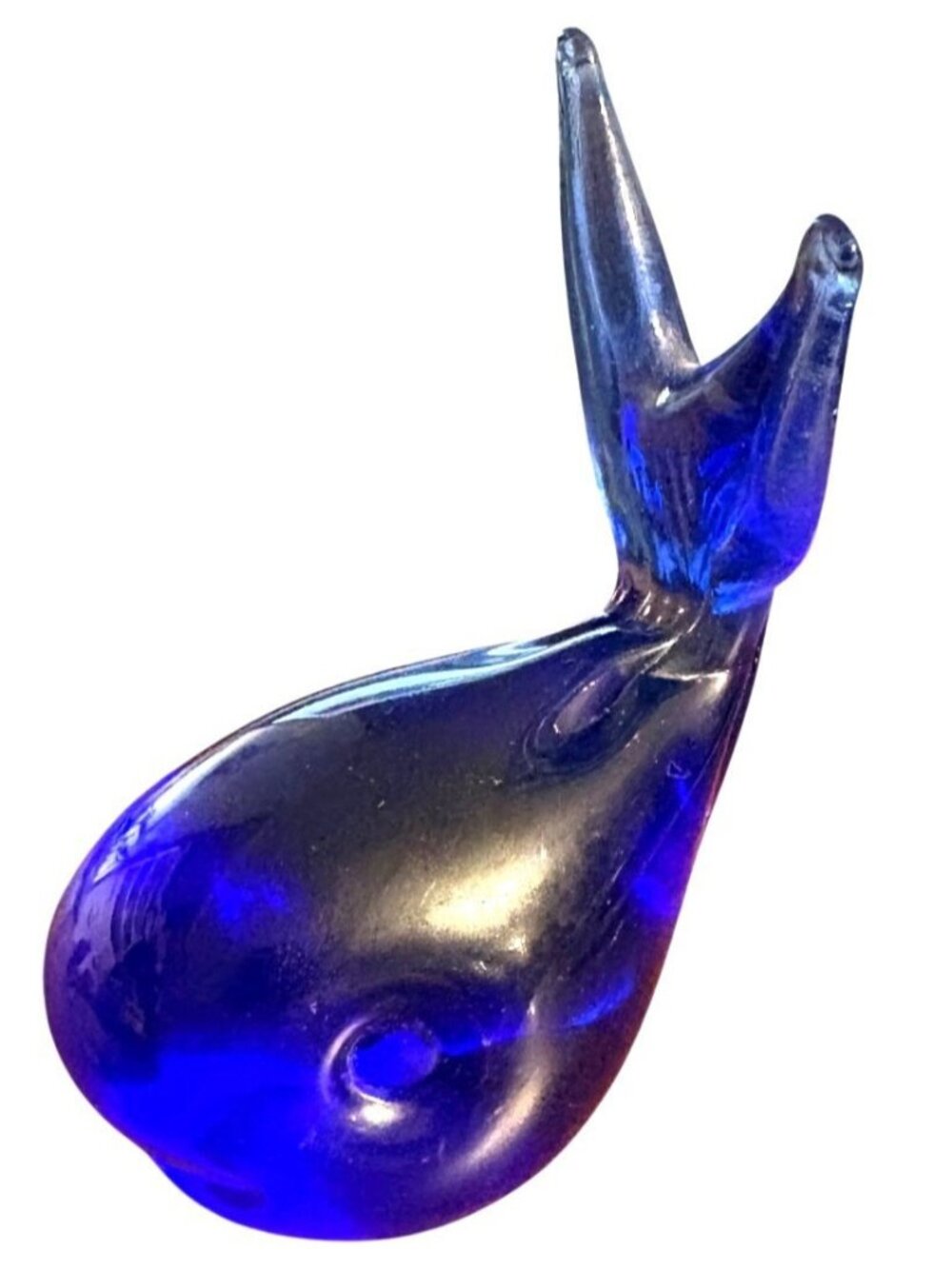 Vintage Cobalt Blue Glass Whale Figurine Paperweight Hand Blown Decorative